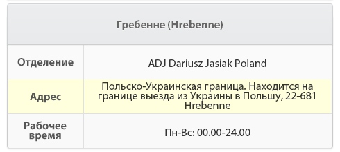 Відділення ADJ Dariusz Jasiak Poland   Адреса Польсько-український кордон, виїзд з України в Польщу, 22-681   Робоча врем'я Цілодобово