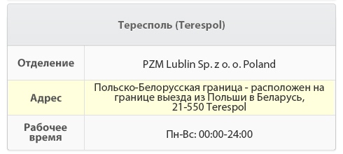 z oo Poland   Адреса Польсько-білоруський кордон, виїзд з Польщі до Білорусі, 21-550   Робоча врем'я Цілодобово