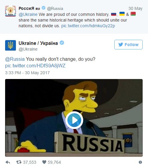 Висловлювання Путіна про те, що Анна Ярославна «російська», спровокувало не тільки   «Війну правок» у Вікіпедії на сторінці «Анна Ярославна»   , Але і забавний   твіттер-батл між офіційною сторінкою України і сторінкою Росії