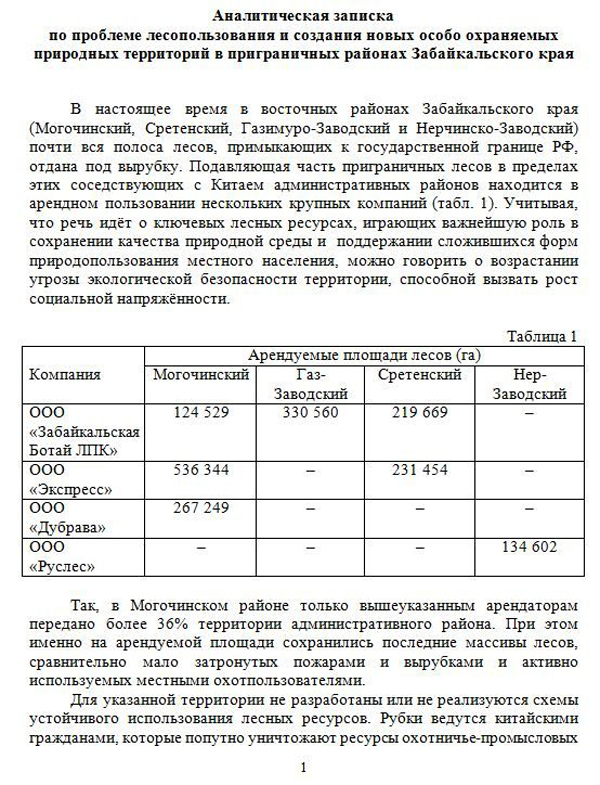 «Рубки ведуться китайськими громадянами, які попутно знищують ресурси мисливсько-промислових видів тварин і рибні ресурси, причому не тільки на вирубуються ділянках, але і на великих суміжних територіях», - написано в аналітичній записці щодо проблеми лісокористування і створення особливо охоронюваних природних територій в прикордонних районах Забайкальського краю, підготовленої співробітниками Забайкальського держуніверситету і державного природного біосферного заповідника «Даурский»